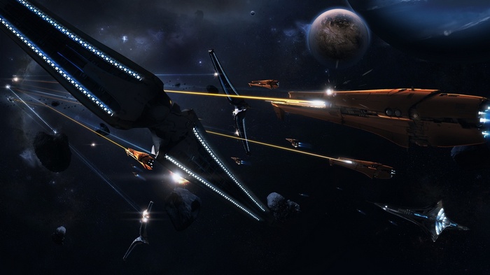 Spaceship battle in outer space with planets and asteroids