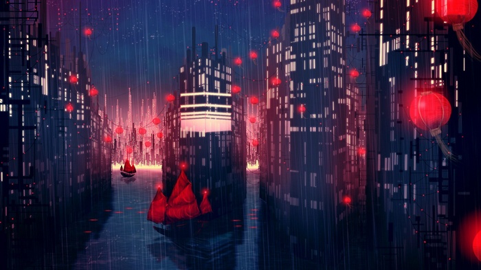 Rainy Cityscape with Red Lanterns and Boats