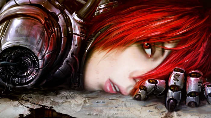 Cyborg woman with red hair and mechanical arm