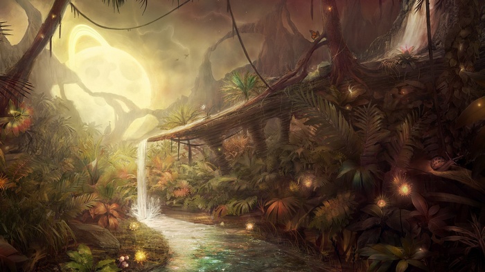 Fantasy jungle with a ringed planet in the sky