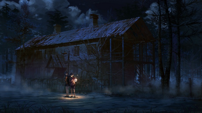 Two anime girls with lanterns in front of a haunted house