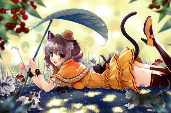 Anime cat girl with cats under a leaf umbrella