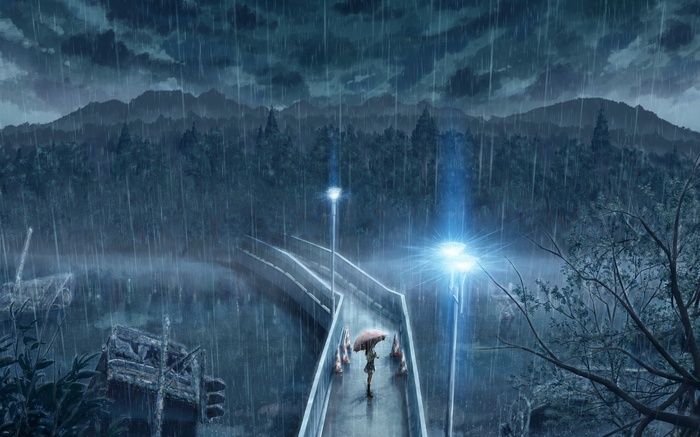 Anime girl with umbrella in the rain