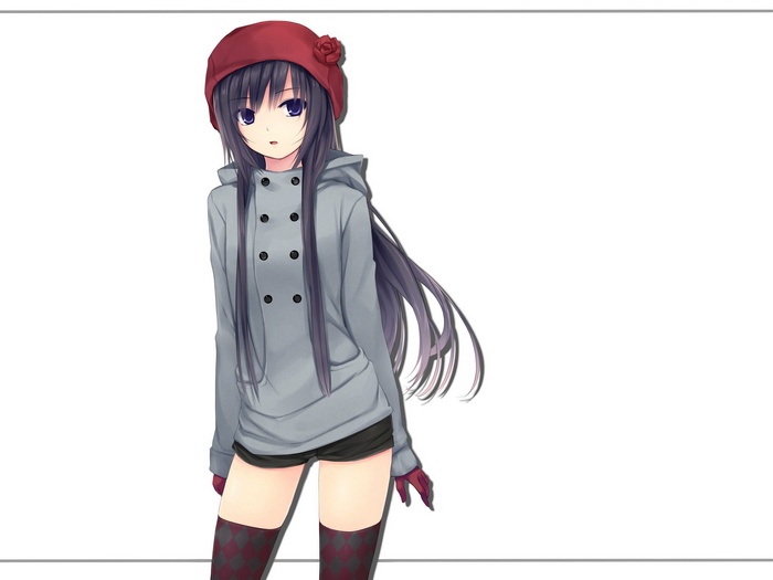 Anime girl with long dark hair and red hat