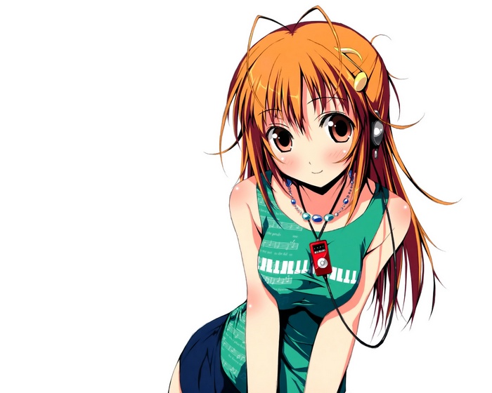 Anime girl with headphones and music player