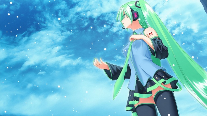 Hatsune Miku in a blue outfit with green twintails