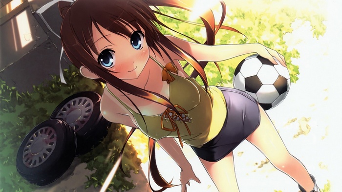 Anime girl with soccer ball and car tires