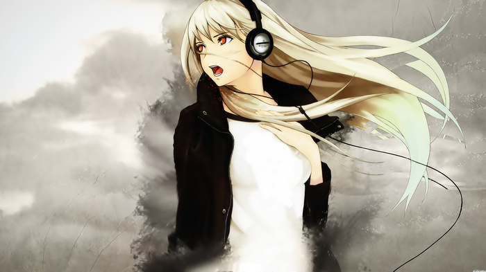 Anime girl with headphones listening to music