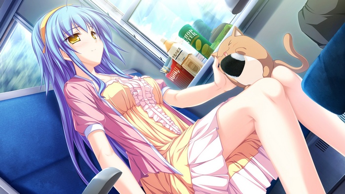 Anime girl with blue hair on a train