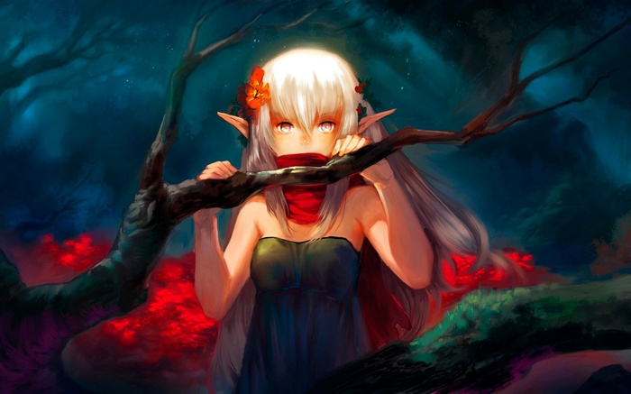 Fantasy anime girl with white hair and elf ears