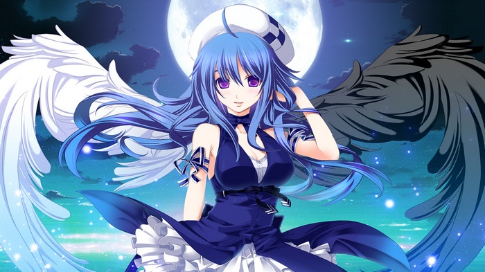 Anime girl with white and black wings under the Moon