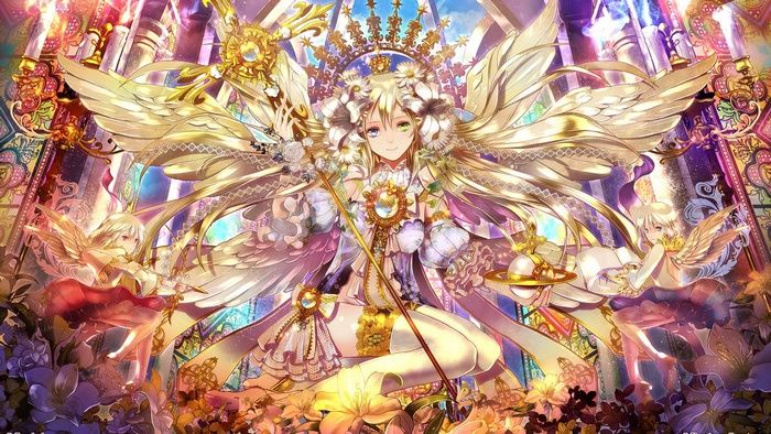 Anime girl with wings and crown in ornate setting