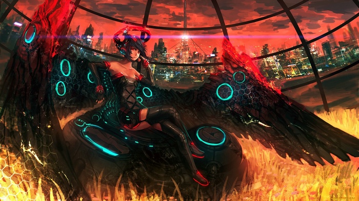 Futuristic cyborg angel with wings in a city