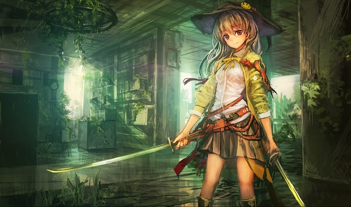 Anime girl with swords in a ruined building