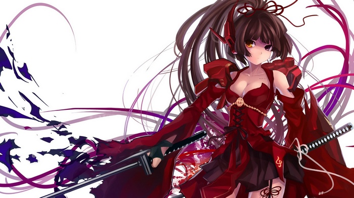 Anime girl in red dress with swords