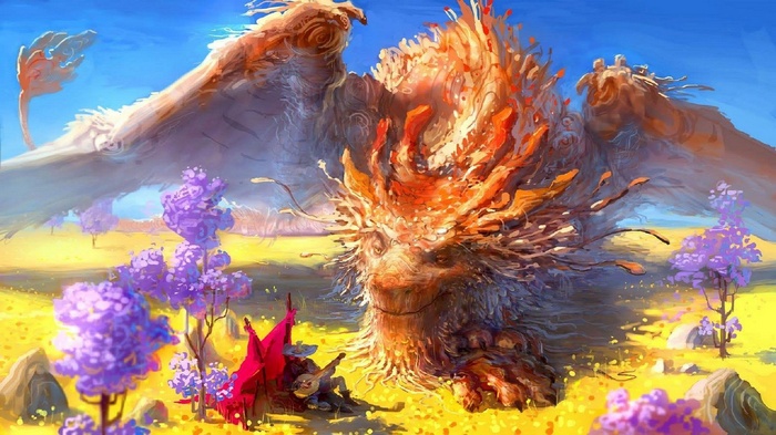Fantasy art of a dragon with musicians