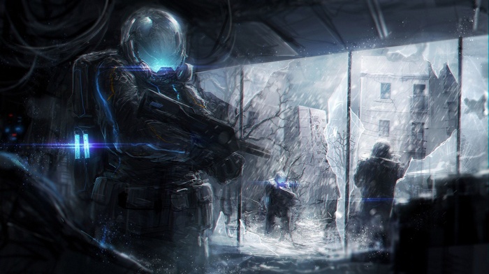 Science fiction artwork of futuristic soldiers in a snowy environment