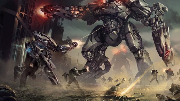Concept art of mechs in a science fiction battle