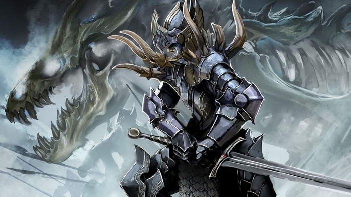 Knight in armor facing a skeletal dragon