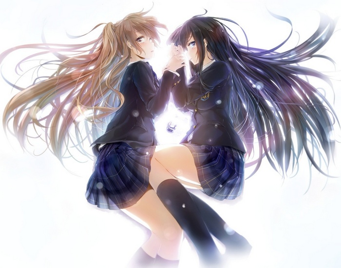Two anime schoolgirls with long flowing hair
