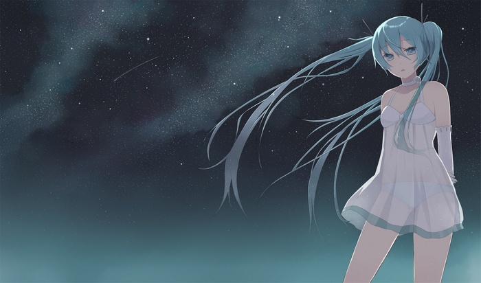 Hatsune Miku standing under a starry night sky