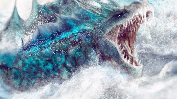Fantasy art of a blue dragon emerging from water