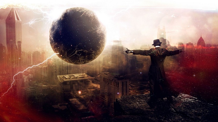 Man in hat facing a black hole over a destroyed city