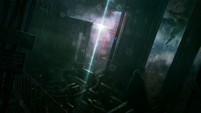 Futuristic city artwork with a lone figure in the rain