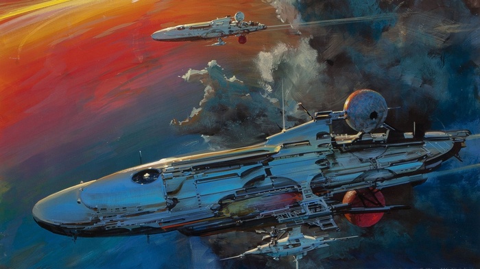 Two science fiction spaceships in a colorful sky