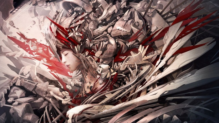 Anime cyborg woman with mechanical wings