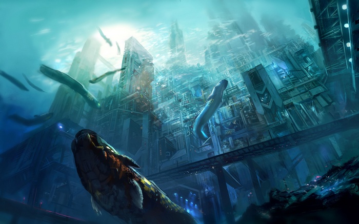 Underwater futuristic city with sea creatures