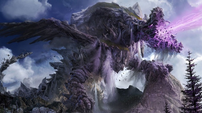 Massive rock dragon breathing purple energy in a cloudy sky