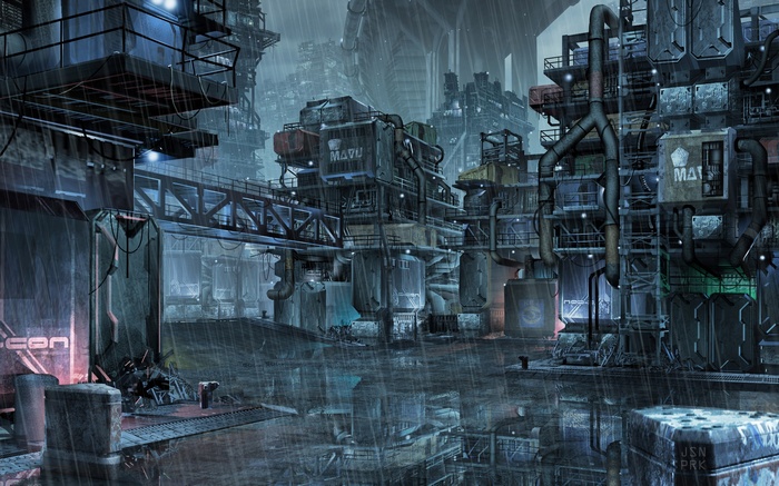 Concept art of a futuristic industrial city in the rain
