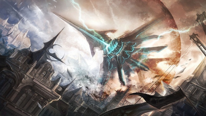 Science fiction artwork of a futuristic city and spaceship