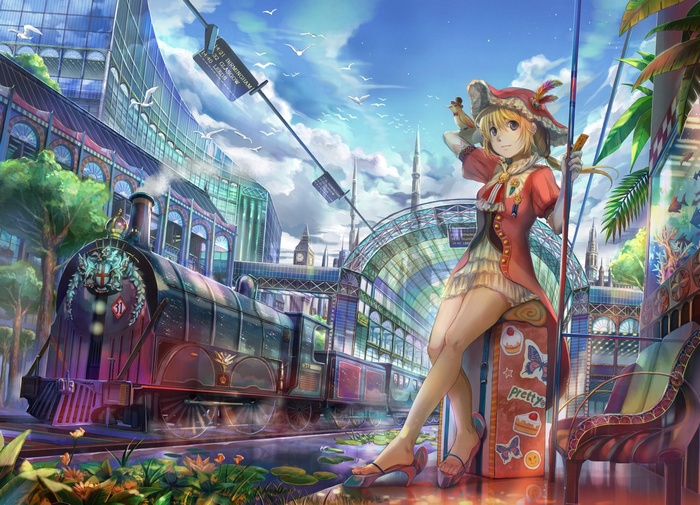 Anime girl at a train station with a steam train