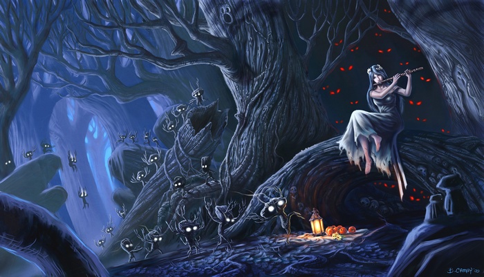 Fantasy forest at night with a girl playing flute