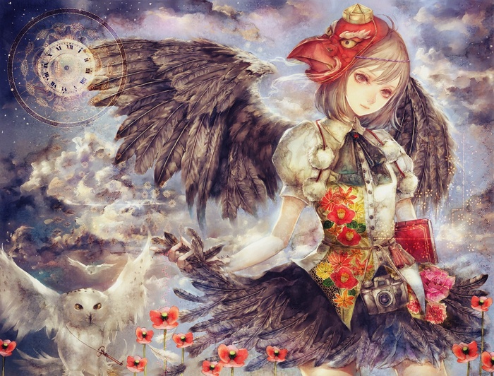 Anime girl with bird mask and wings