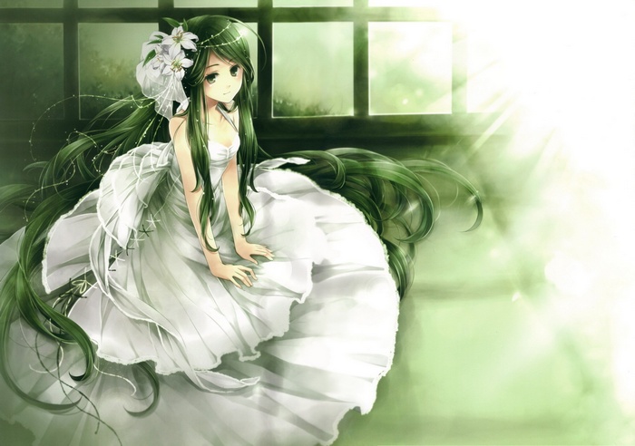Anime girl with green hair in a white dress