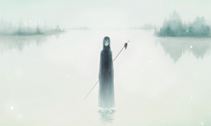 Anime girl with a spear in a misty landscape