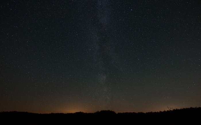 Starry night sky over a silhouetted landscape