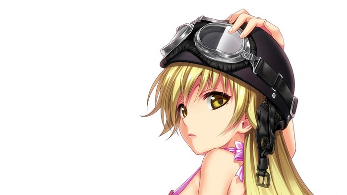 Oshino Shinobu wearing a helmet and goggles