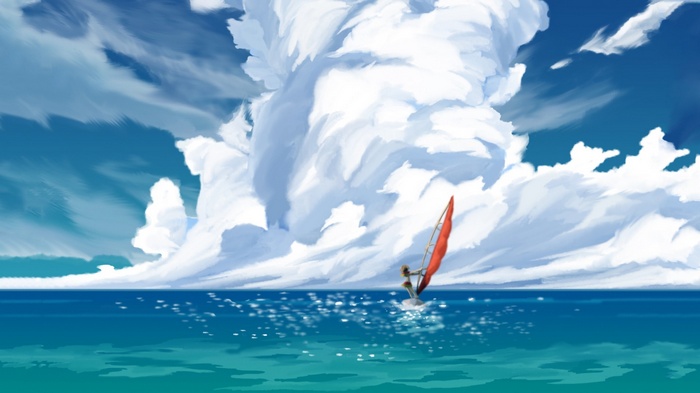 Amy windsurfing on the sea under a cloudy sky