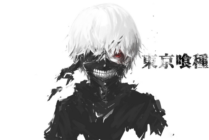 Anime Boys Typography Anime Kaneki Ken Simple Background White Background Red Eyes Teeth Selective Coloring Tokyo Ghoul