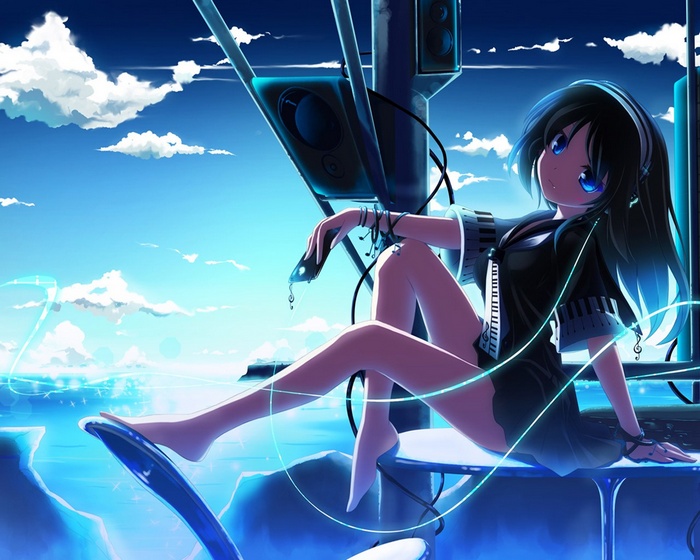 Anime girl with headphones and speakers