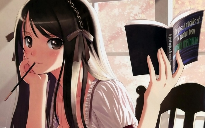 Anime girl reading "The Physical Principles of the Quantum Theory"