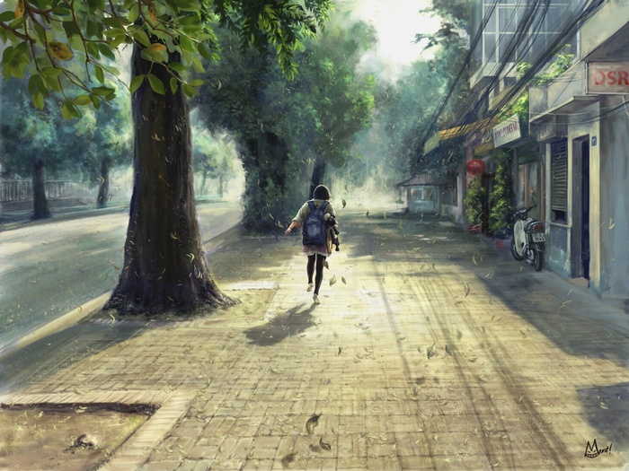 Anime girl walking down a tree-lined street