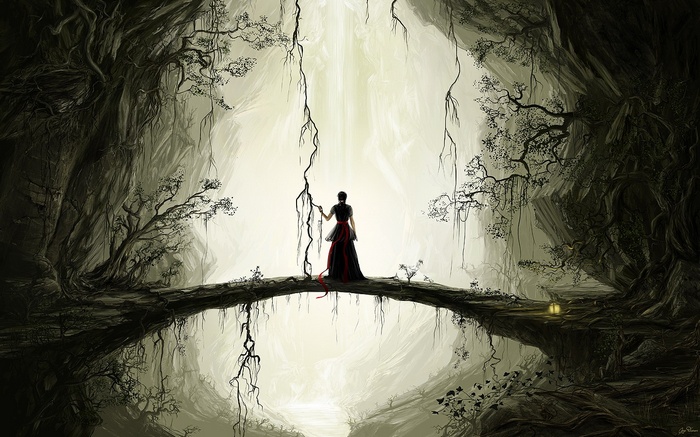 Fantasy girl in a dark forest with light beams