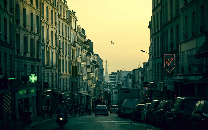Paris street with Eiffel Tower in the distance