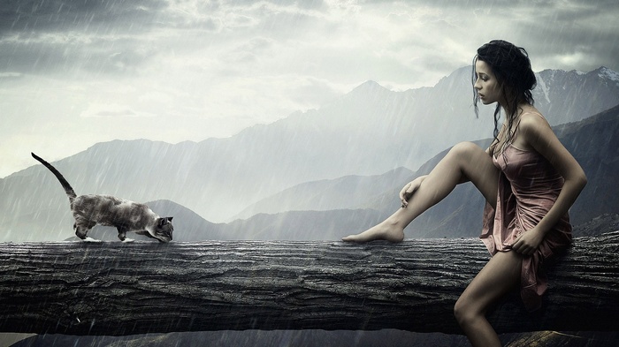 Woman and cat on a log in the rain