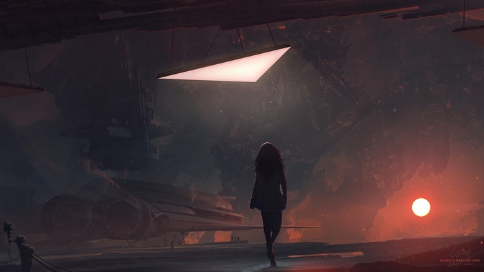 Woman walks towards spaceship under a futuristic space station